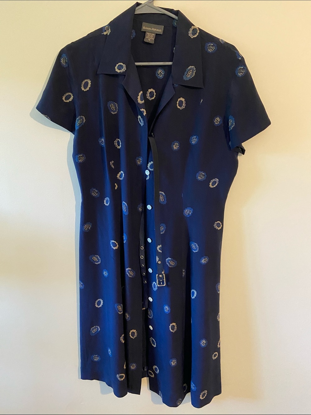 Banana Republic Vintage 90s Silk Navy Short Sleeve Shirt Dress